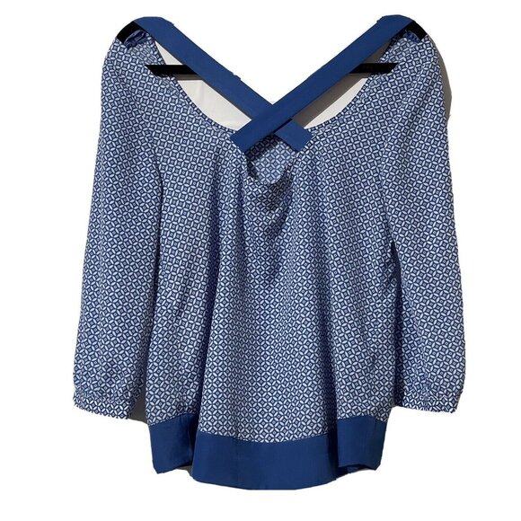 BCBGeneration Blue Patterned Blouse Size M Crisscross Back & Pocket Polyester - Picture 2 of 8